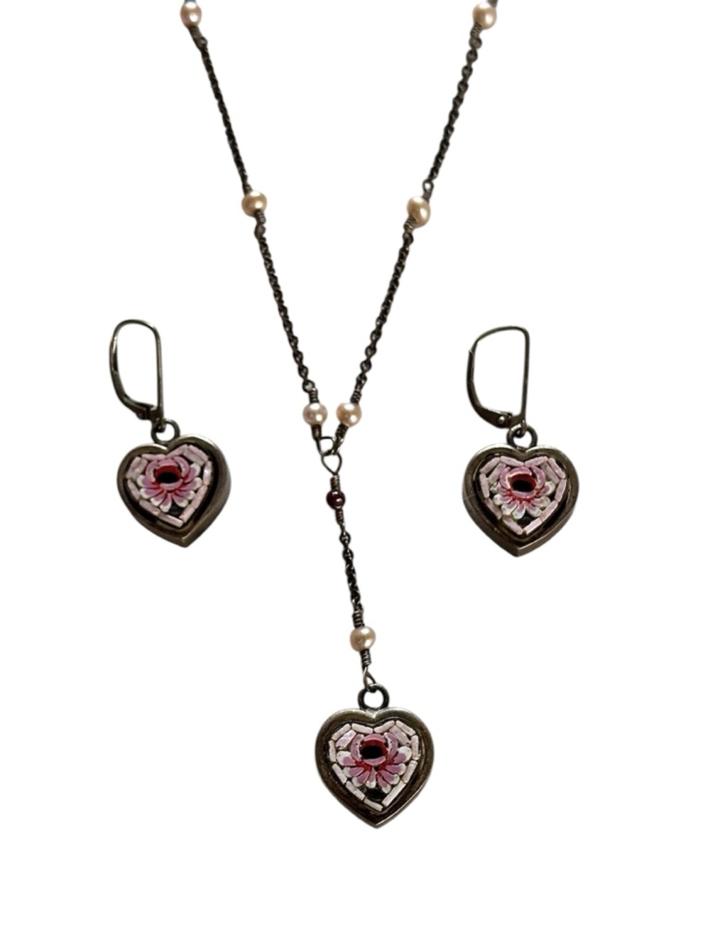 Mosaic Sterling Pink Petal Necklace Pendant with Matching Lever Back Earrings